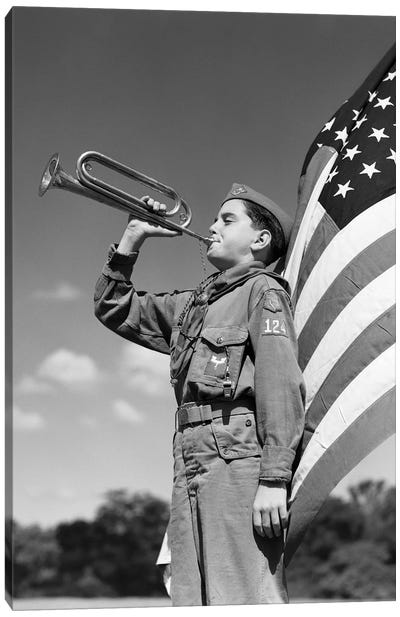 1950s Profile Of Boy Scout In Uniform Standing In Front Of 48 Star American Flag Blowing Bugle Canvas Art Print - Flag Art