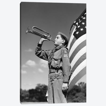 1950s Profile Of Boy Scout In Uniform Standing In Front Of 48 Star American Flag Blowing Bugle Canvas Print #VTG335} by Vintage Images Canvas Art Print