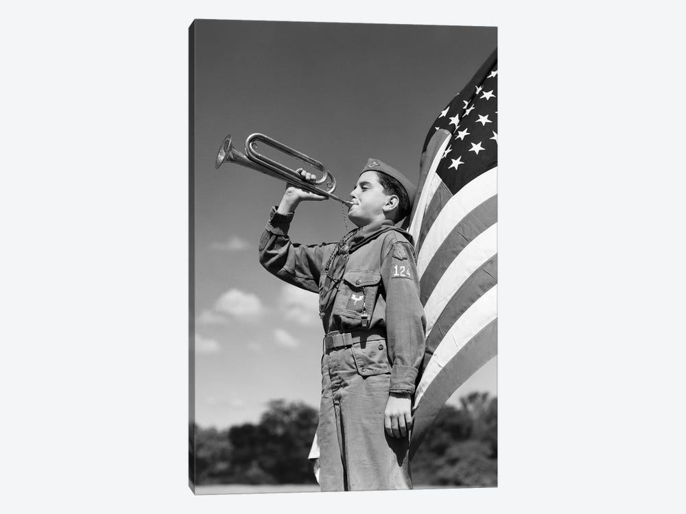 1950s Profile Of Boy Scout In Uniform Standing In Front Of 48 Star American Flag Blowing Bugle by Vintage Images 1-piece Canvas Wall Art