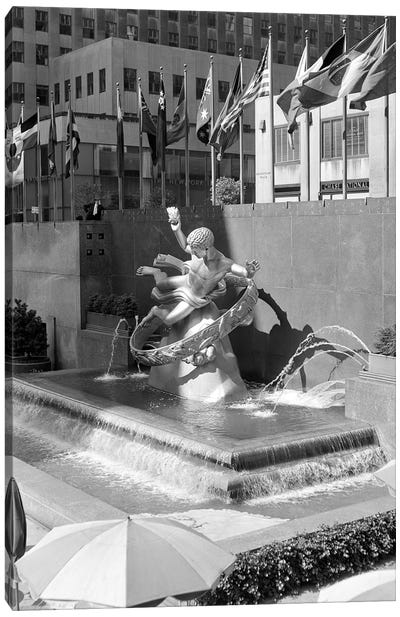 1950s Rockefeller Center Prometheus Fountain By Paul Manship And United Nations Flags New York City NY USA Canvas Art Print - Fountain Art