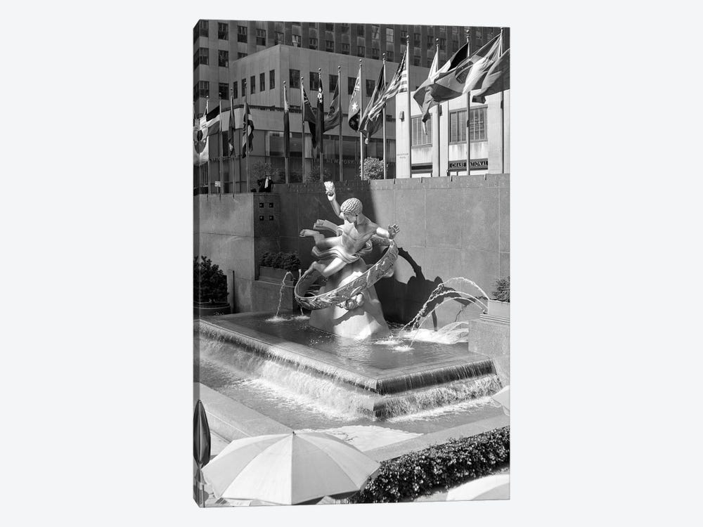 1950s Rockefeller Center Prometheus Fountain By Paul Manship And United Nations Flags New York City NY USA by Vintage Images 1-piece Art Print