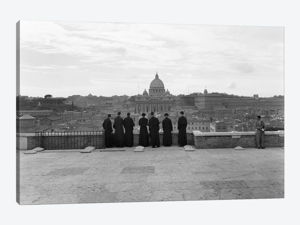 1950s Rome Italy Back View Of Student Priests Lined Up By Wall Overlooking City With View Of St. Peters Basilica In Background by Vintage Images 1-piece Canvas Artwork