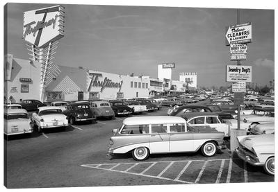 1950s Shopping Center Parking Lot Canvas Art Print - Vintage Images