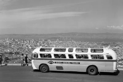 1950s Sightseeing Tour Bus Parked At Twin Peaks For View Of San Francisco And Bay Area California USA by Vintage Images canvas print