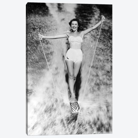 1950s Smiling Woman In White Two Piece Bathing Suit Aquaplaning Water Skiing Looking At Camera Canvas Print #VTG344} by Vintage Images Canvas Artwork