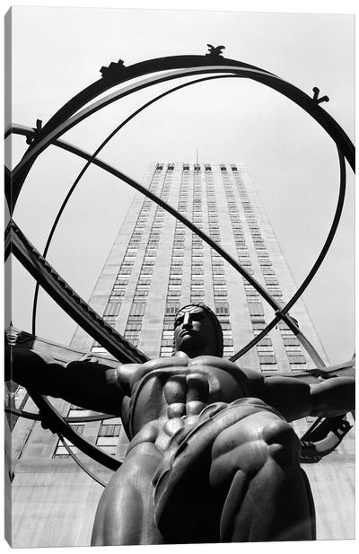 1950s Statue Of Atlas At Rockefeller Center Midtown Manhattan USA Canvas Art Print - Black & White Photography
