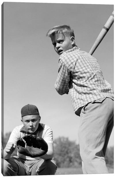 1950s Teen Boy At Bat With Catcher Crouching Behind Him Canvas Art Print - Vintage Images