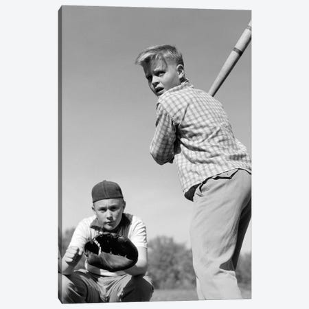 1950s Teen Boy At Bat With Catcher Crouching Behind Him Canvas Print #VTG350} by Vintage Images Canvas Artwork