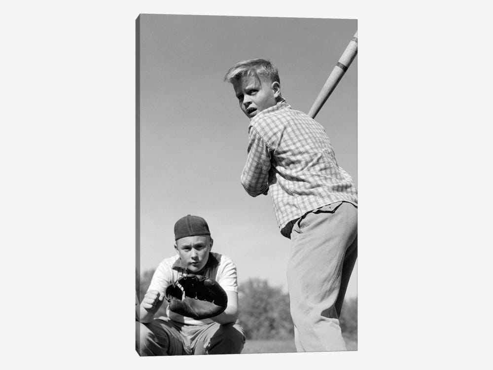 1950s Teen Boy At Bat With Catcher Crouching Behind Him by Vintage Images 1-piece Art Print