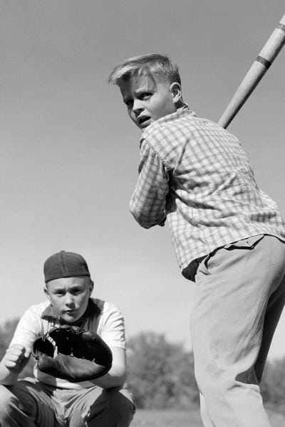 1950s Teen Boy At Bat With Catcher Crouching Behind Him