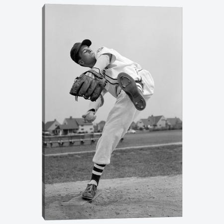 1950s Teen In Baseball Uniform Winding Up For Pitch Canvas Print #VTG351} by Vintage Images Canvas Artwork