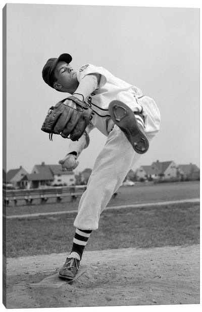 1950s Teen In Baseball Uniform Winding Up For Pitch Canvas Art Print - Baseball Art