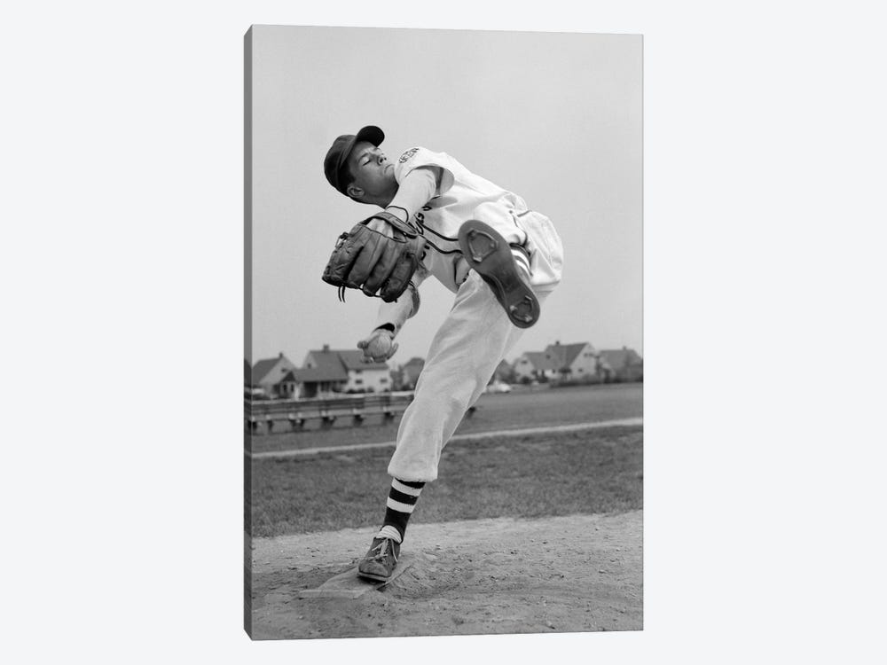 1950s Teen In Baseball Uniform Winding Up For Pitch by Vintage Images 1-piece Canvas Art