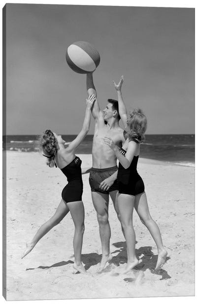1950s Teens Jumping For Beach Ball Wearing Swim Suits Canvas Art Print - Vintage & Retro Photography