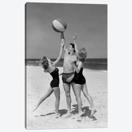 1950s Teens Jumping For Beach Ball Wearing Swim Suits Canvas Print #VTG352} by Vintage Images Canvas Artwork