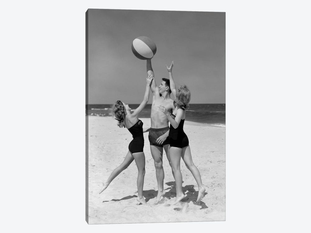 1950s Teens Jumping For Beach Ball Wearing Swim Suits by Vintage Images 1-piece Canvas Print