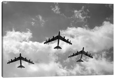 1950s Three B-52 Stratofortress Bomber Airplanes In Flight Formation As Seen From The Ground Directly Over Head Canvas Art Print - By Air