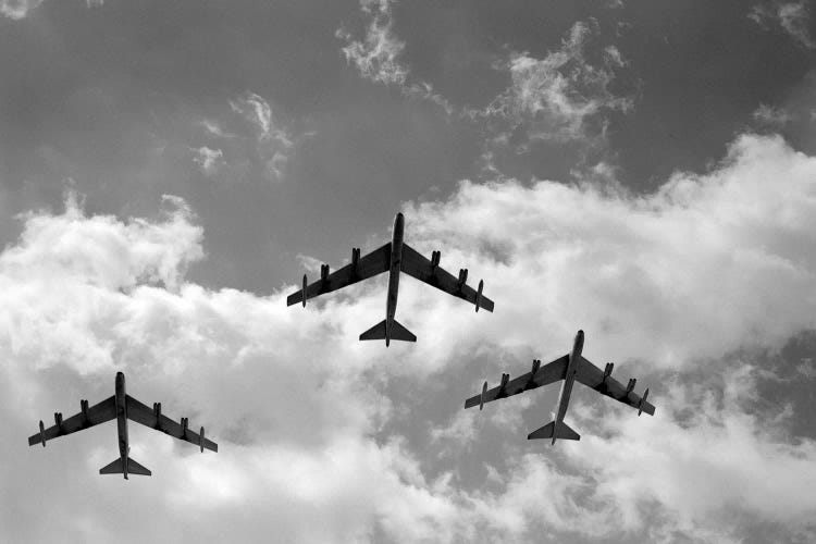 1950s Three B-52 Stratofortress Bomber Airplanes In Flight Formation As Seen From The Ground Directly Over Head