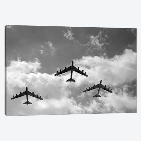 1950s Three B-52 Stratofortress Bomber Airplanes In Flight Formation As Seen From The Ground Directly Over Head Canvas Print #VTG355} by Vintage Images Art Print