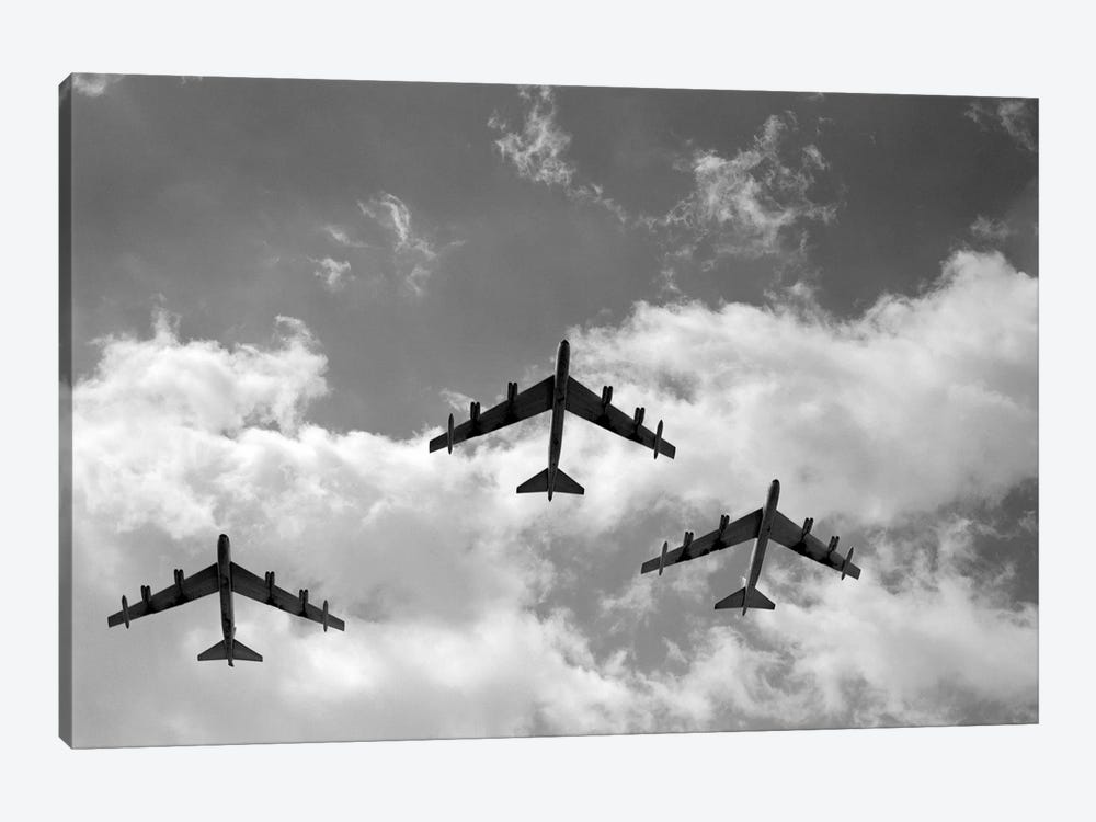 1950s Three B-52 Stratofortress Bomber Airplanes In Flight Formation As Seen From The Ground Directly Over Head by Vintage Images 1-piece Canvas Wall Art