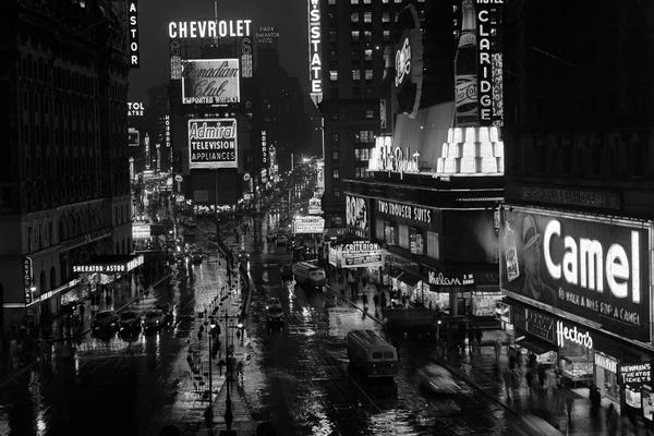 Times Square: 1950s Times Square Night From Times Building Up To Duffy Square Neon Signs Broadway Great White Way by Vintage Images