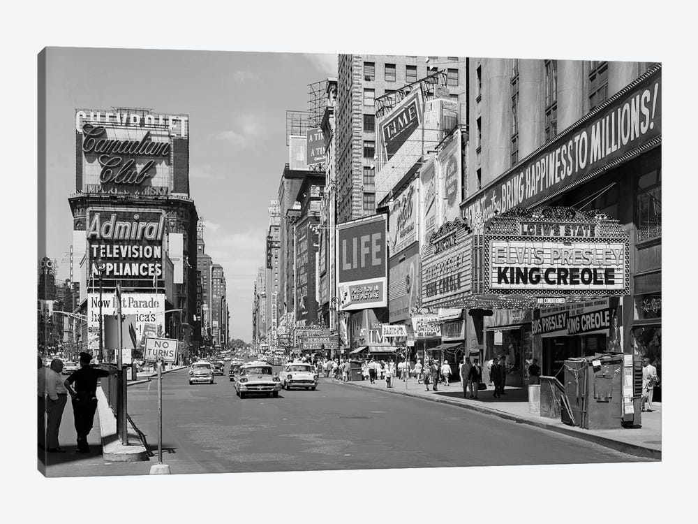 1950s Times Square View North Up 7th Ave At 45th St King Creole Starring Elvis Presley On Lowes State Theatre Marquee NYC USA by Vintage Images 1-piece Canvas Print