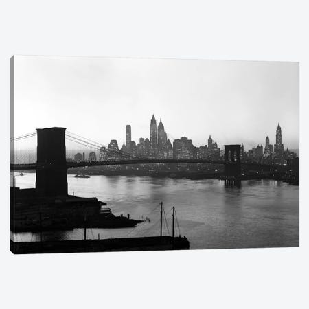1950s Twilight Skyline Of Lower Manhattan Brooklyn Bridge In Foreground New York USA Canvas Print #VTG359} by Vintage Images Canvas Wall Art