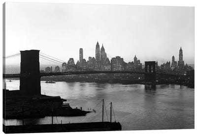 1950s Twilight Skyline Of Lower Manhattan Brooklyn Bridge In Foreground New York USA Canvas Art Print - Brooklyn Bridge