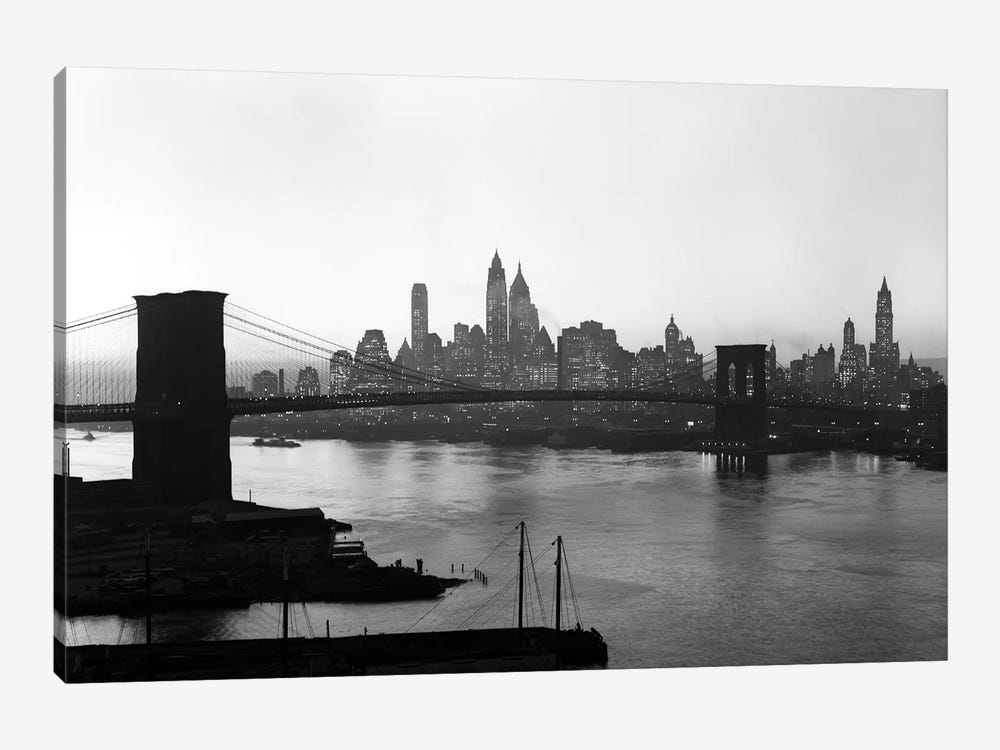 1950s Twilight Skyline Of Lower Manhattan Brooklyn Bridge In Foreground New York USA by Vintage Images 1-piece Canvas Artwork