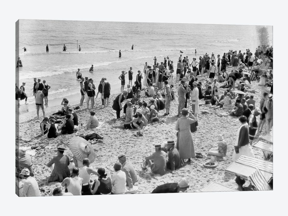 1920s Crowd Of People Some Fully Clothed Others In Bathing Suits On Palm Beach In Florida USA by Vintage Images 1-piece Canvas Artwork