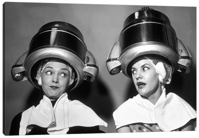 1950s Two Women Sitting Together Gossiping Under Hairdresser Hair Dryer Canvas Art Print - Vintage Images