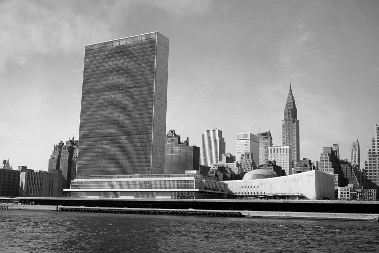 1950s View Of United Nations Building And New York City Skyline From East River New York USA