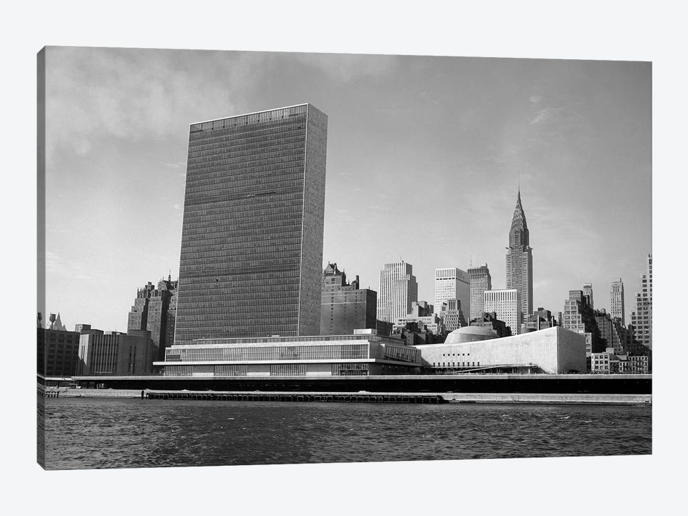 1950s View Of United Nations Building And New York City Skyline From East River New York USA by Vintage Images 1-piece Canvas Artwork
