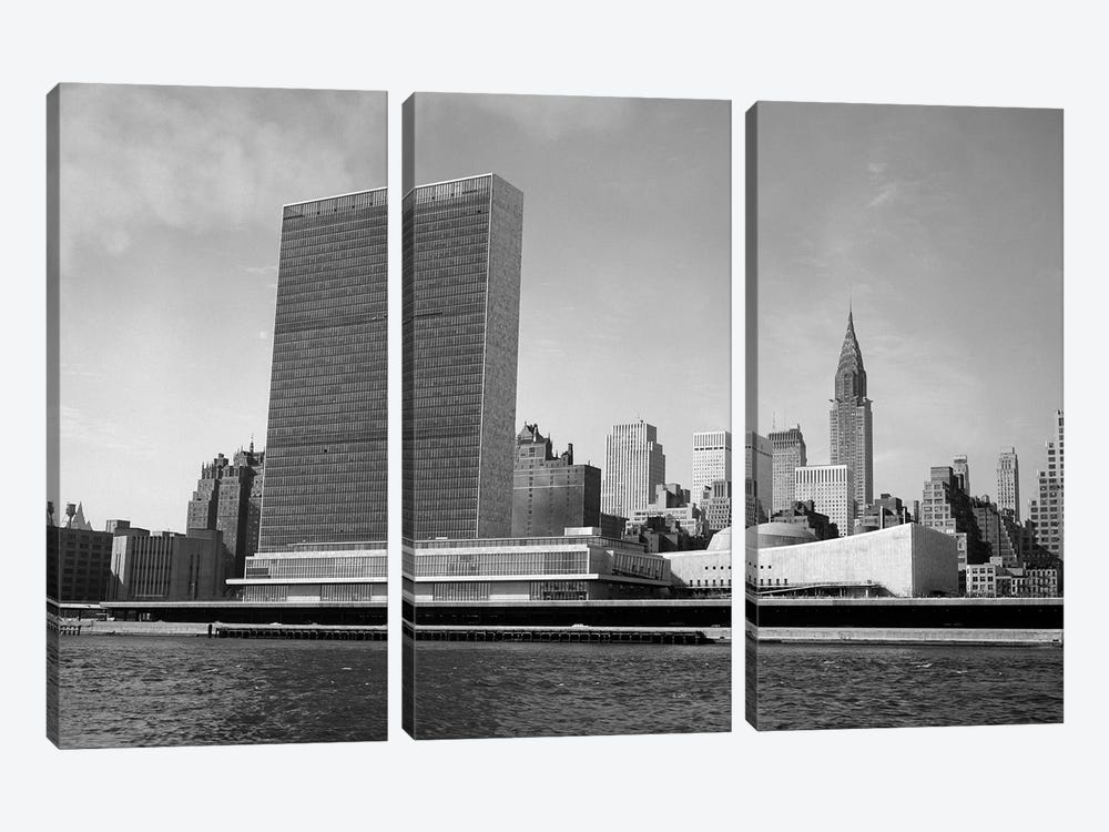 1950s View Of United Nations Building And New York City Skyline From East River New York USA by Vintage Images 3-piece Canvas Art