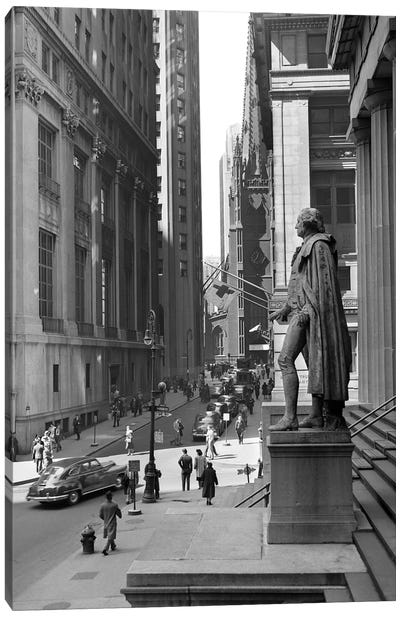1950s Wall Street From Steps Of Federal Hall National Memorial Looking Towards Trinity Church In New York City USA Canvas Art Print - Historical Art