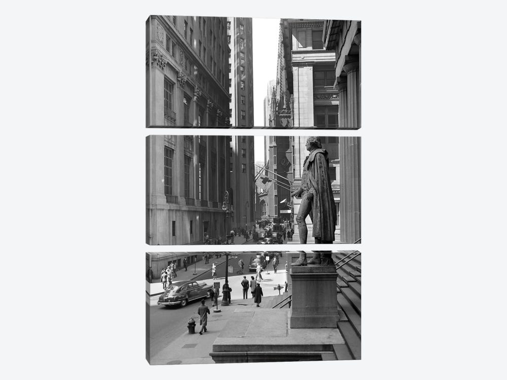 1950s Wall Street From Steps Of Federal Hall National Memorial Looking Towards Trinity Church In New York City USA by Vintage Images 3-piece Canvas Art