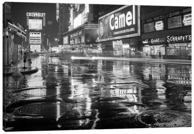 1950s Wet Rainy Streets Of Times Square At Night Neon Signs Advertising New York City NY USA Canvas Art Print - Vintage Images