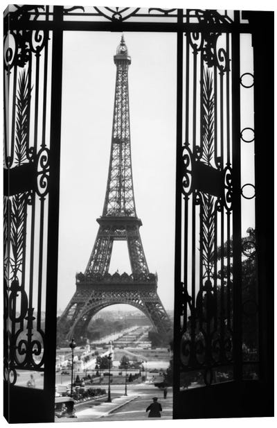 1920s Eiffel Tower Built 1889 Seen From Trocadero Wrought Iron Doors Paris France Canvas Art Print - Famous Architecture & Engineering