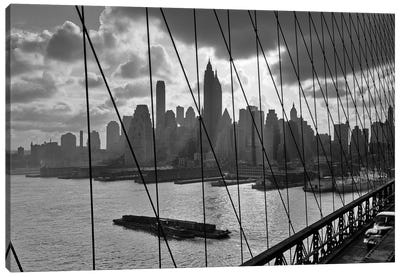 1950s-1960s Downtown Manhattan Skyline From Brooklyn Bridge Canvas Art Print - Freightliners