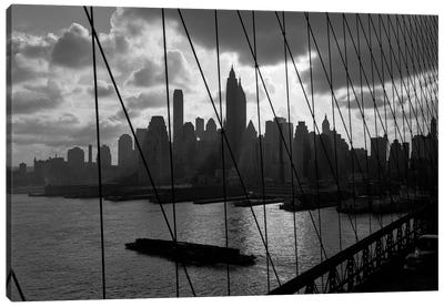 1950s-1960s Downtown Manhattan Skyline From Brooklyn Bridge Barge In East River NYC USA Canvas Art Print - Brooklyn Bridge