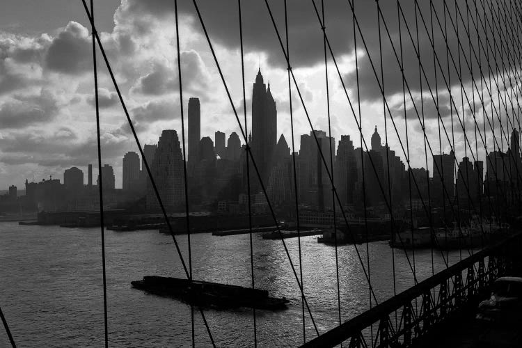 1950s-1960s Downtown Manhattan Skyline From Brooklyn Bridge Barge In East River NYC USA by Vintage Images wall art