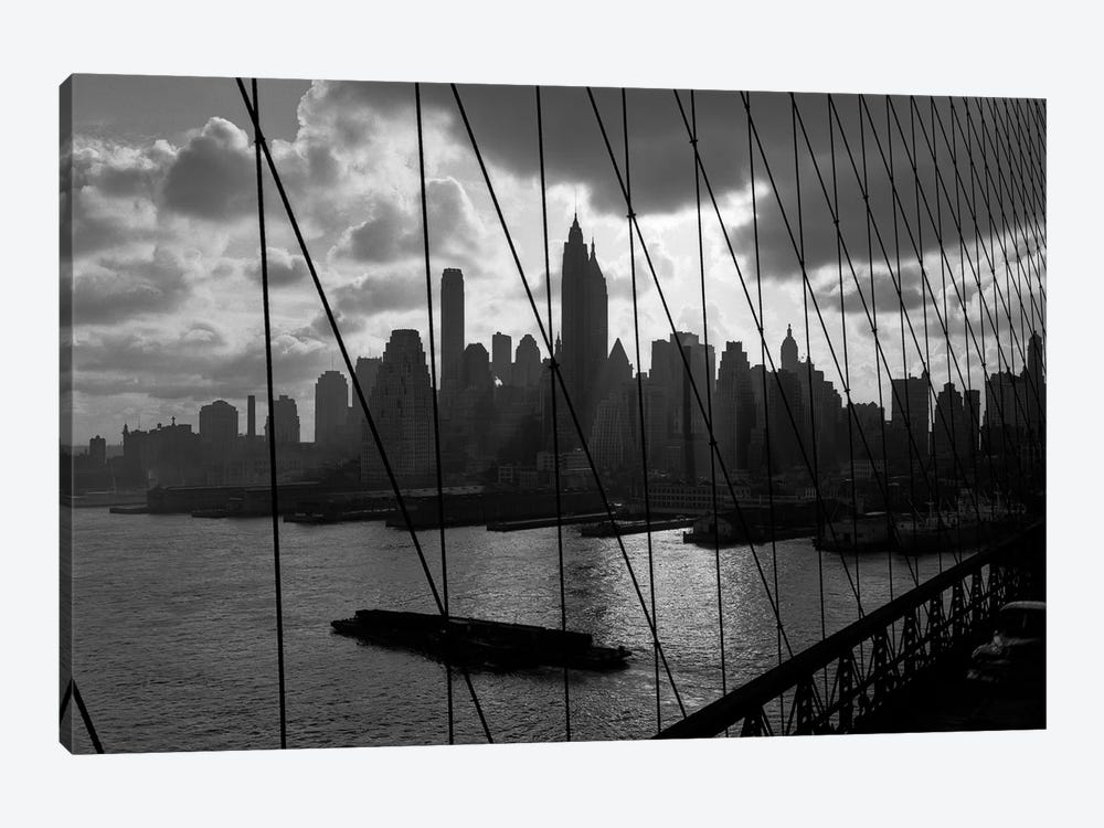 1950s-1960s Downtown Manhattan Skyline From Brooklyn Bridge Barge In East River NYC USA by Vintage Images 1-piece Canvas Artwork