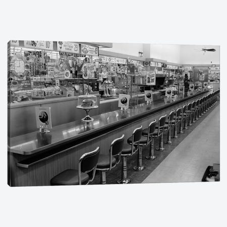 1950s-1960s Interior Of Lunch Counter With Chrome Stools Canvas Print #VTG379} by Vintage Images Canvas Art