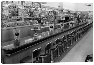 1950s-1960s Interior Of Lunch Counter With Chrome Stools Canvas Art Print