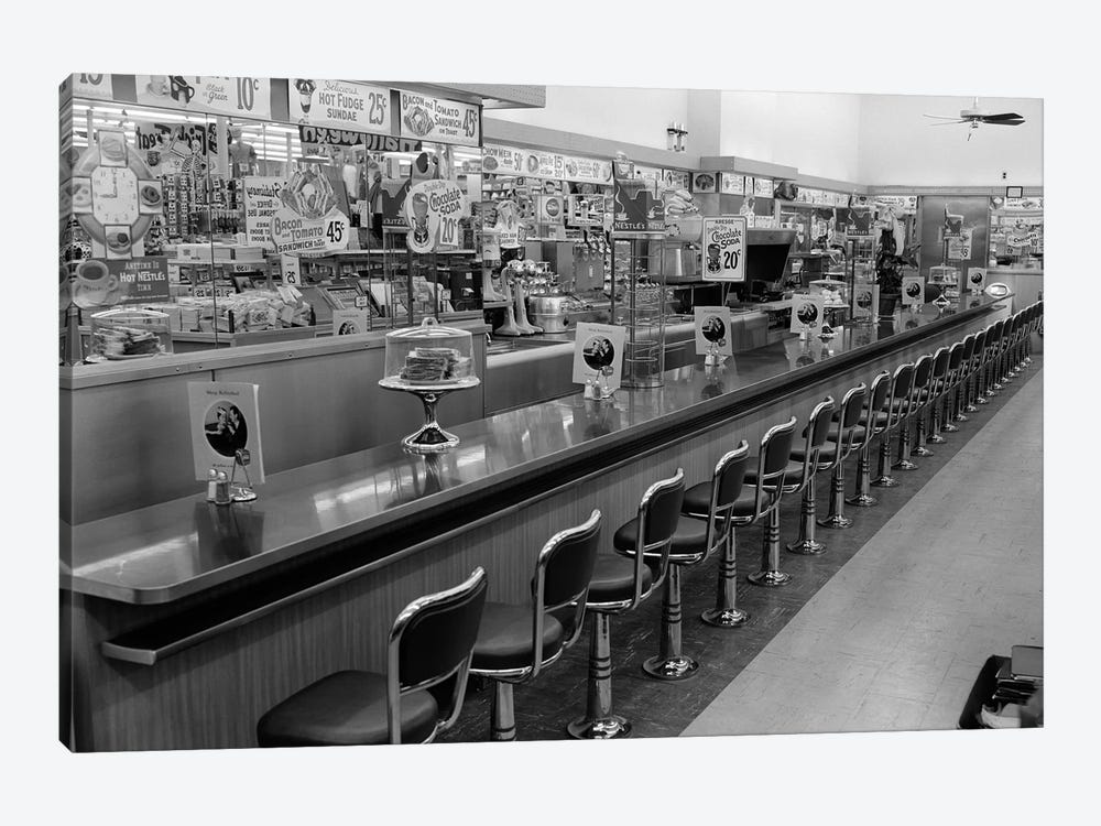 1950s-1960s Interior Of Lunch Counter With Chrome Stools by Vintage Images 1-piece Canvas Artwork