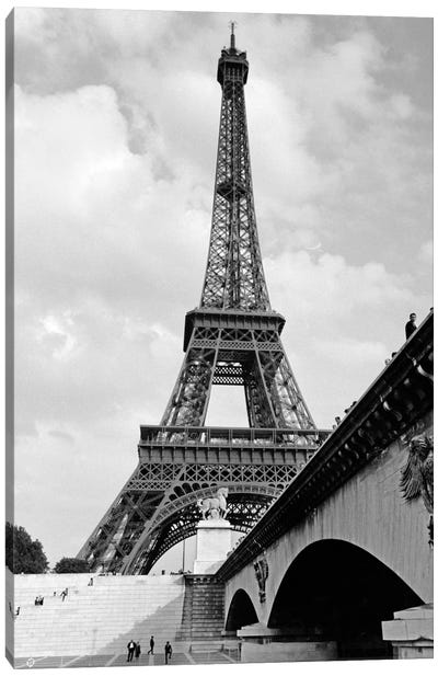 1920s Eiffel Tower With People Walking Up Stairs & Standing On Bridge In Foreground Canvas Art Print - Architecture Art