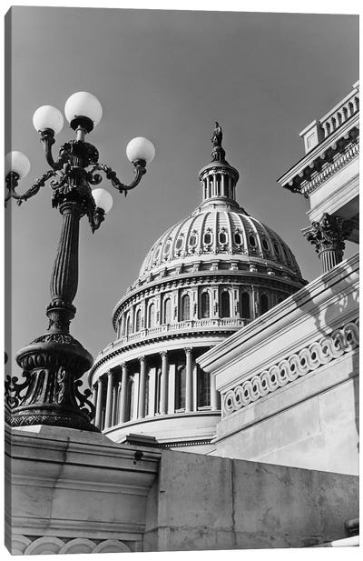 1950s-1960s Low Angle View Of The Capitol Building Dome And Architectural Details Washington Dc USA Canvas Art Print - Vintage & Retro Photography