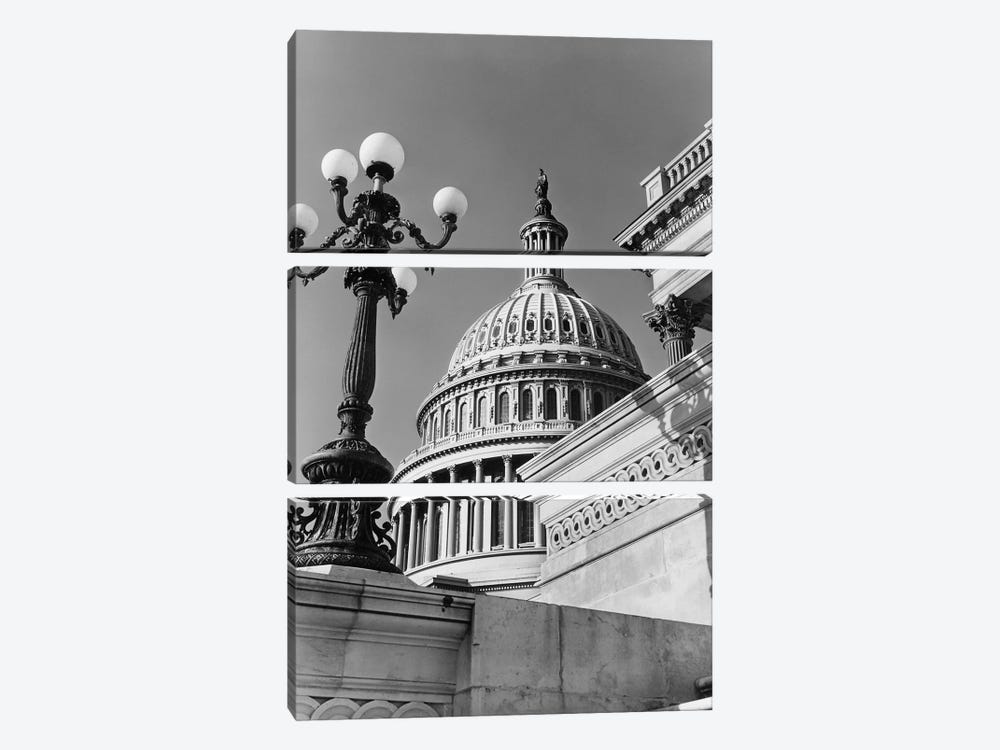 1950s-1960s Low Angle View Of The Capitol Building Dome And Architectural Details Washington Dc USA by Vintage Images 3-piece Canvas Art Print
