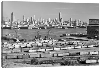 1950s-1960s Skyline Midtown Manhattan From Across The Hudson River Railroad Tracks Foreground In West New York NJ USA Canvas Art Print - New Jersey Art