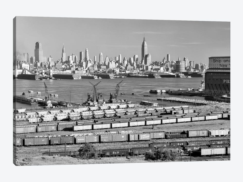 1950s-1960s Skyline Midtown Manhattan From Across The Hudson River Railroad Tracks Foreground In West New York NJ USA by Vintage Images 1-piece Canvas Wall Art